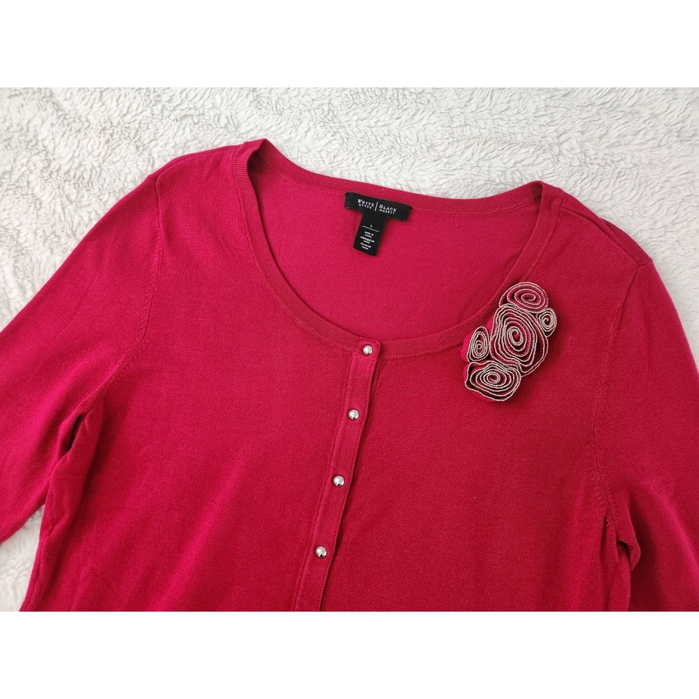 White House‎ Black Market Red Cardigan Sweater Size L Embellished Flower...